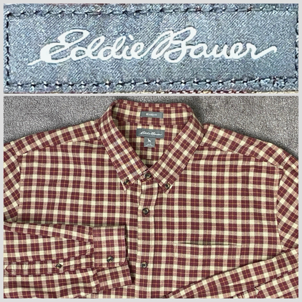 Eddie Bauer Relaxed Fit Mens Large Burgundy‎ Grey Yellow Plaid Long Sleeve Shirt